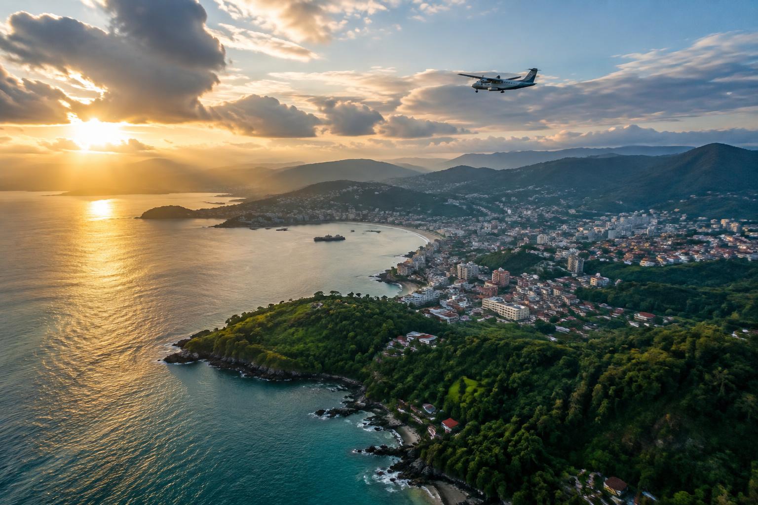 Aerial view of the West African coast with a regional aircraft