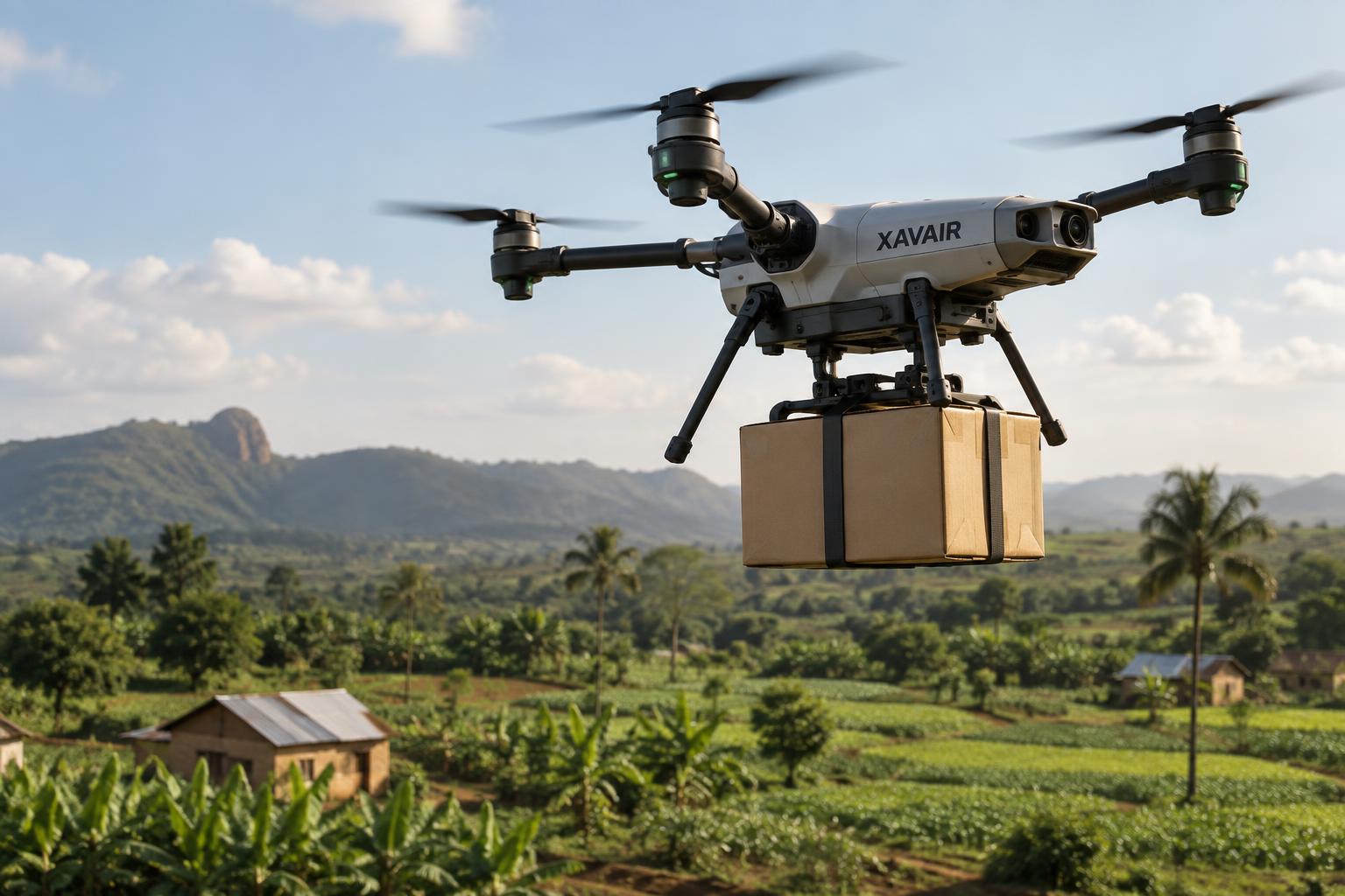 Concept image of a Xavair-branded parcel delivery drone over farmland